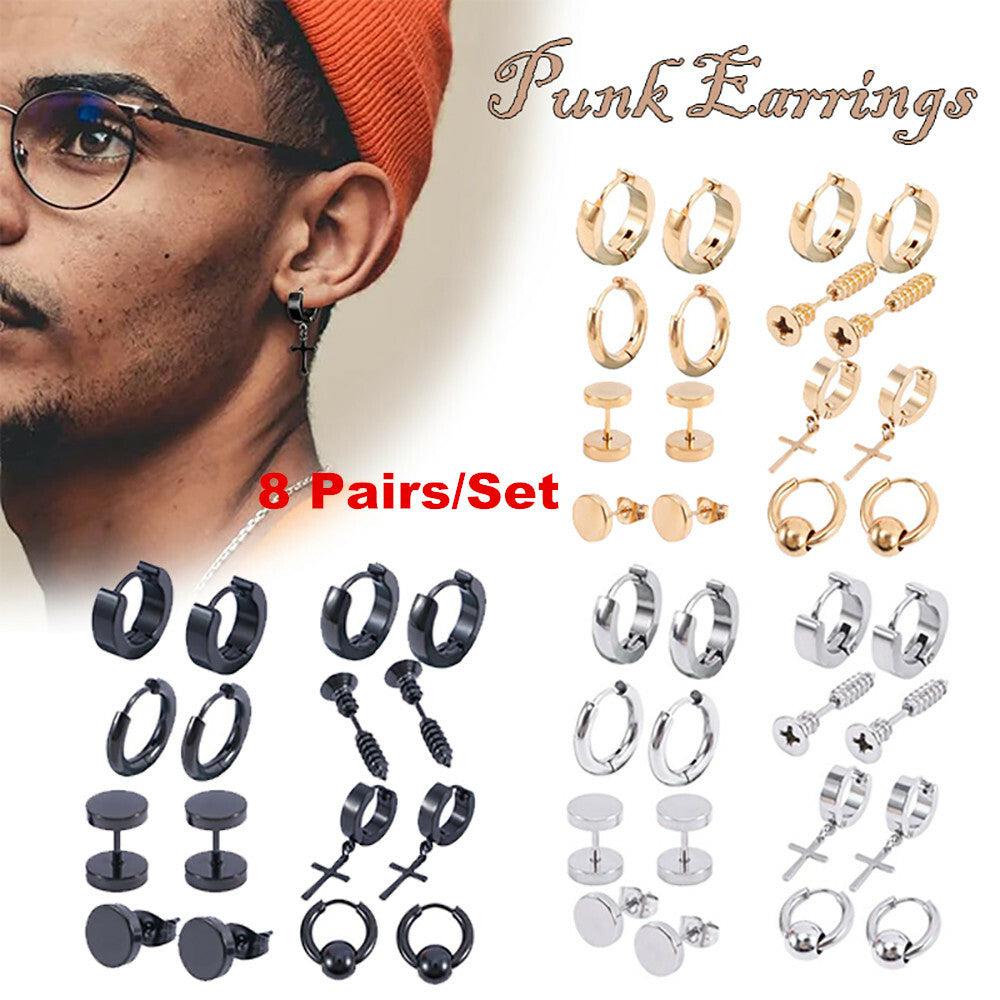 8 Pairs Stainless Steel Punk Black Earrings Stud Piercing Men Hoop Gothic Unisex