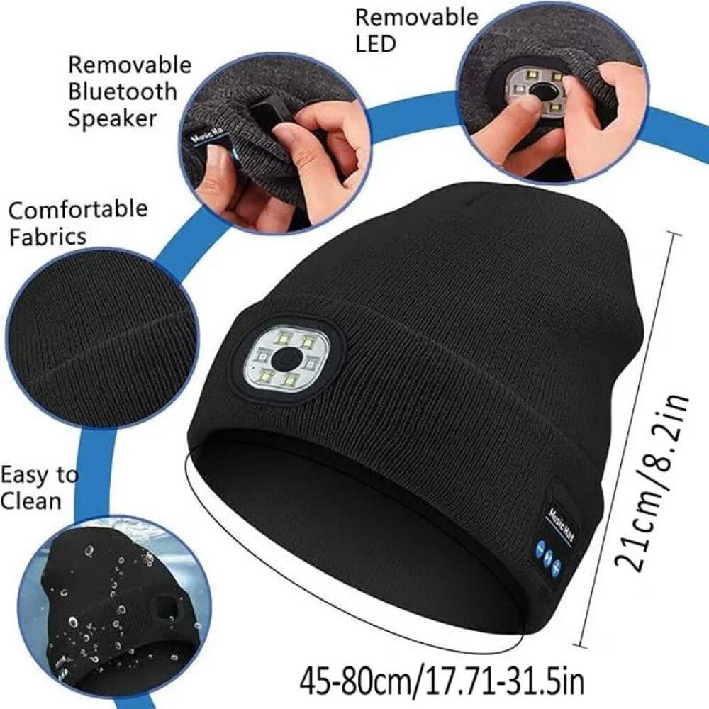 Bluetooth LED Beanie Hat with Music Speakers Mic Rechargeable Cap Head Lamp Gift
