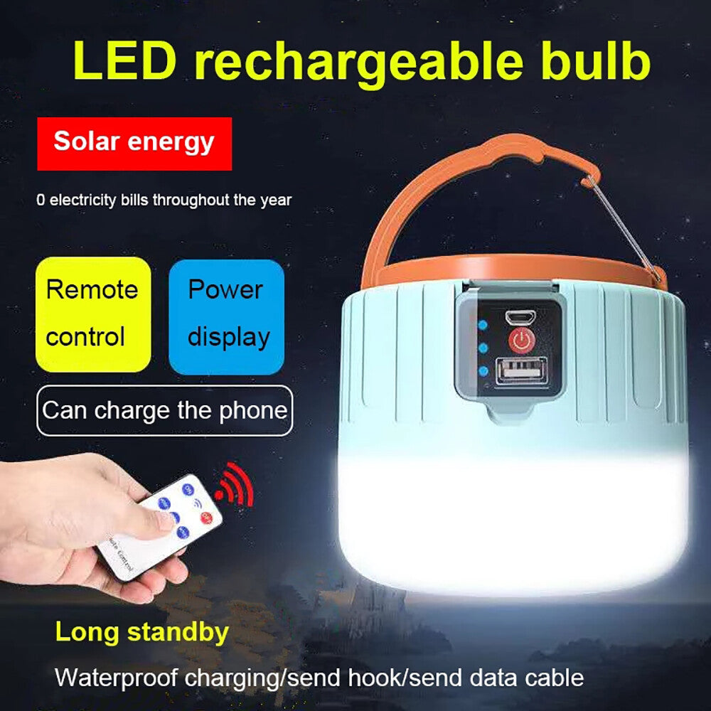 Bright Remote Control Solar LED Camping Lamp Rechargeable Light Bulb Tent Light