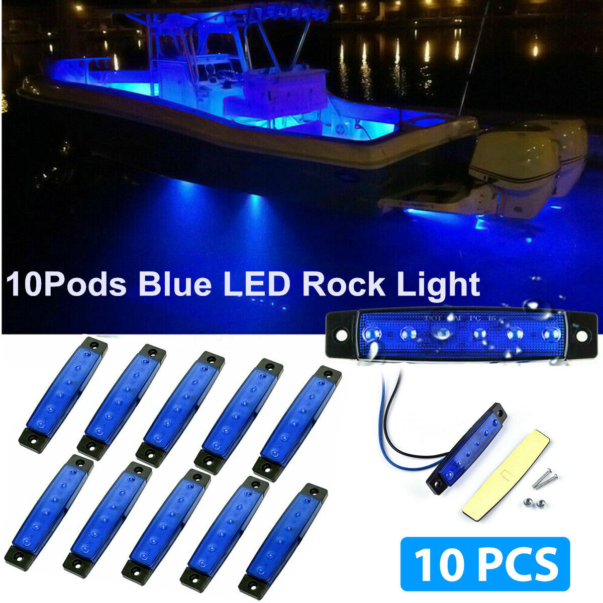 10 Blue LED Pods Rock Underbody Wheel Lights for Jeep Offroad Truck UTV ATV Boat