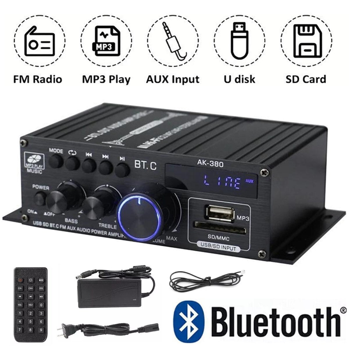 800W 2Channel Bluetooth Mini HIFI Power Audio Stereo Amp Home Car Amplifier FM