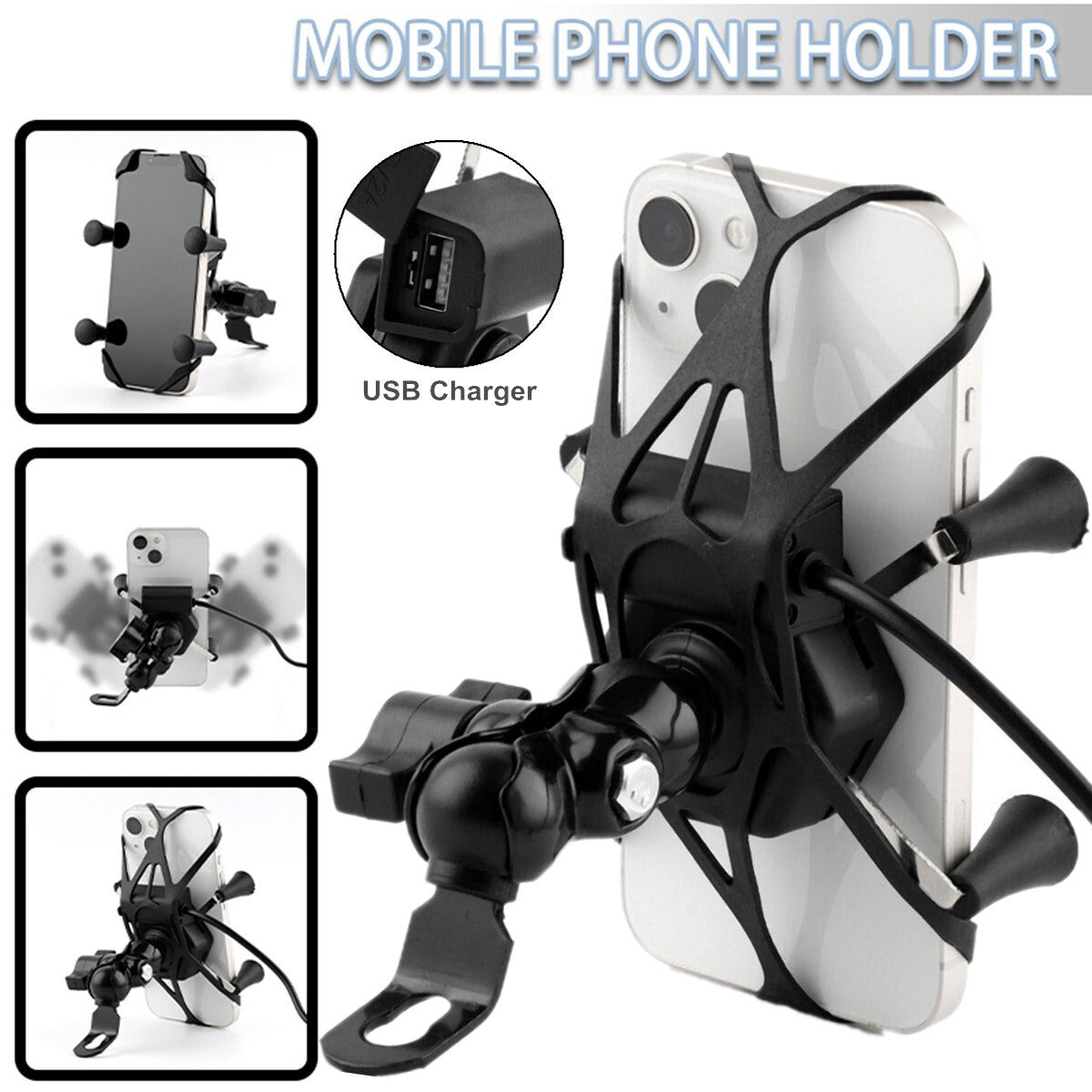 Motorcycle Motorbike Phone GPS Mirror Bracket Holder Mounts W/ USB Charger Port