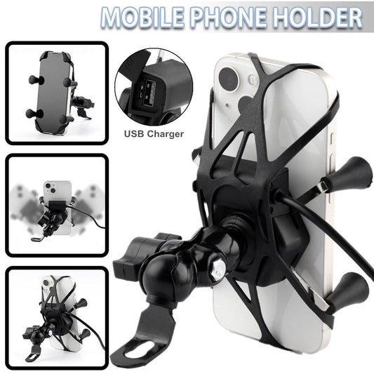 Motorcycle Motorbike Phone GPS Mirror Bracket Holder Mounts W/ USB Charger Port