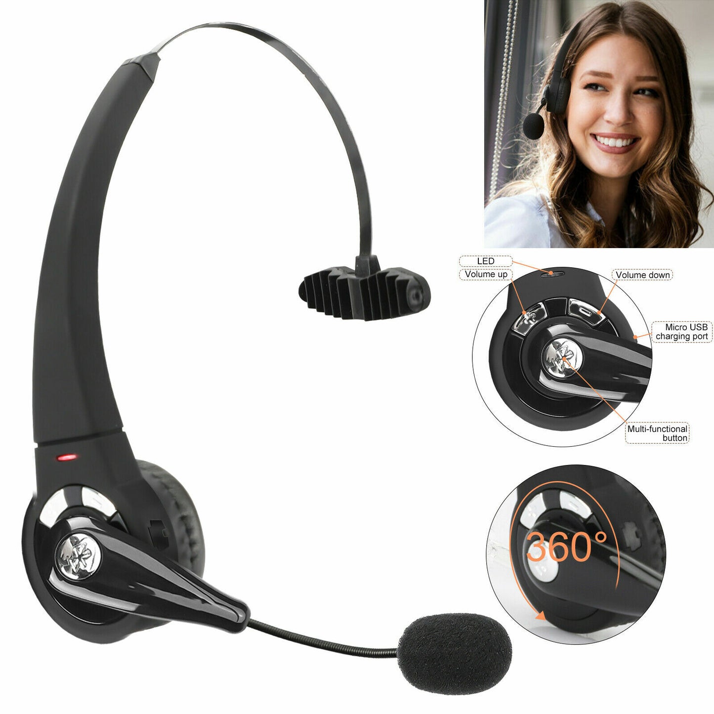 Wireless Bluetooth Headset Noise Cancelling over the Head Boom W/Mic for Trucker