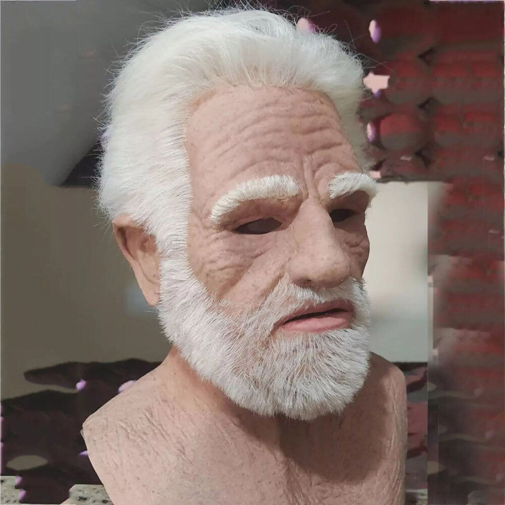 Realistic Halloween Latex Human Wrinkle Face Mask Old Man Full Head Headwear US