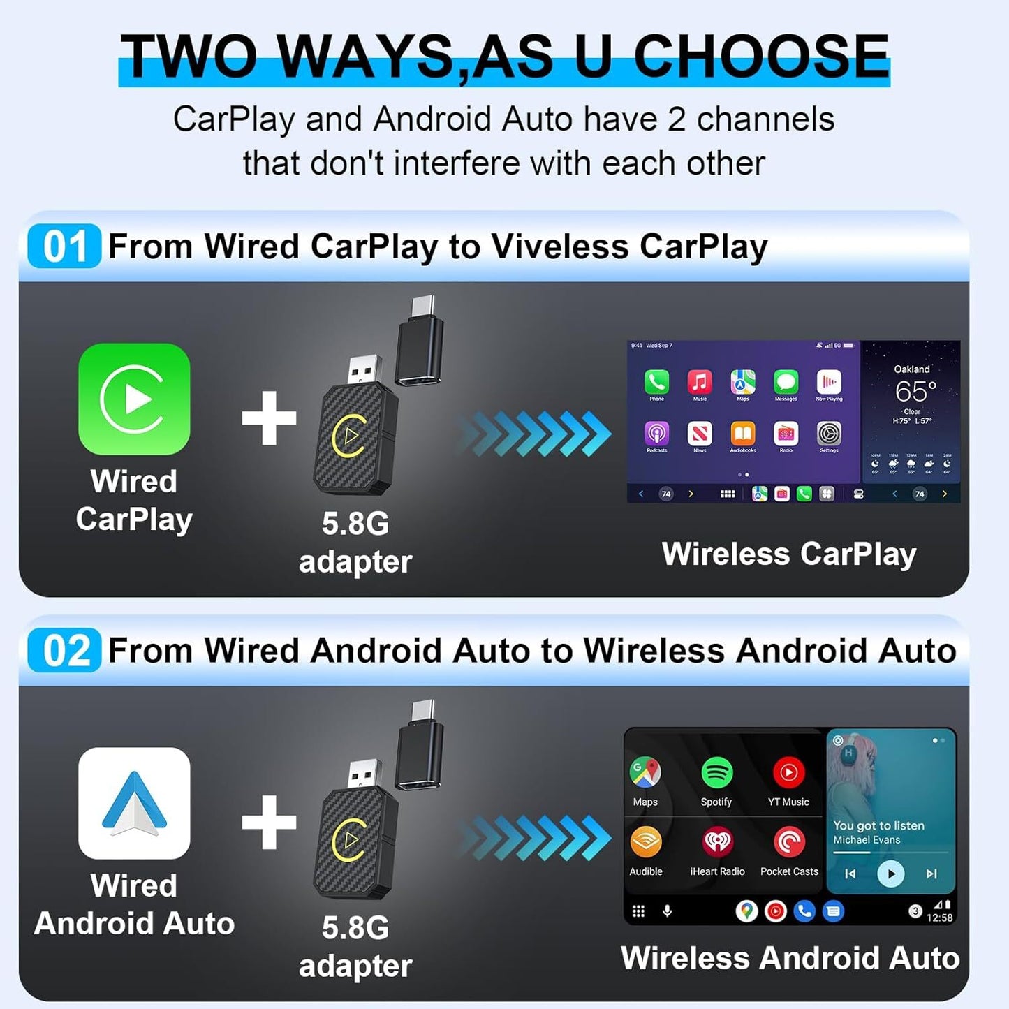 Mini Wireless Carplay Adapter for Apple Plug & Play Low Latency Converts Wired