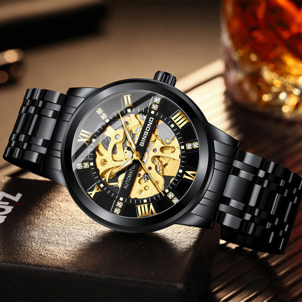 Luxury Men'S Stainless Steel Gold Tone Skeleton Automatic Mechanical Wrist Watch