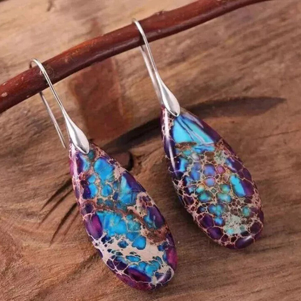 Jasper Stone Teardrop Dangle Earrings Natural Imperial Silver Blue Hook Drop US