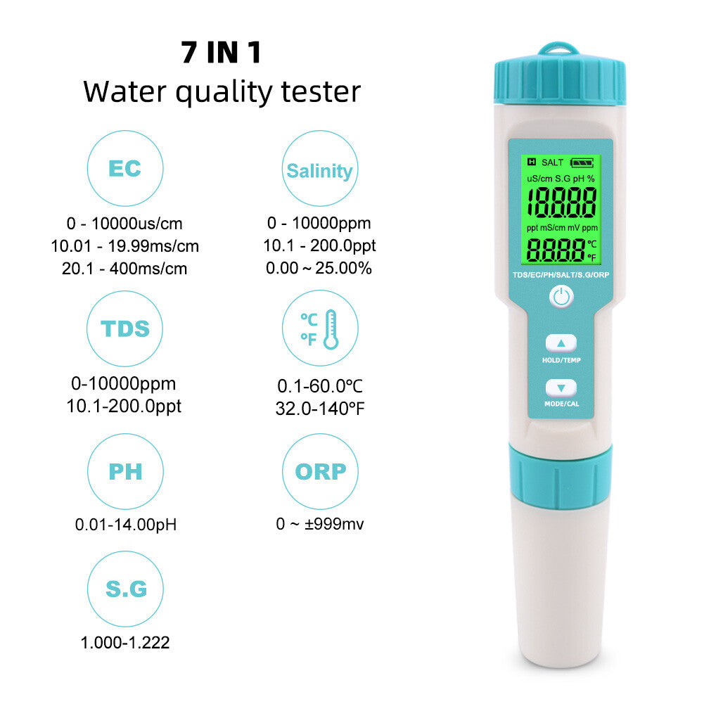 Water Quality Tester Meter Pen 7 in 1 Digital LCD PH/TDS/EC/ORP/