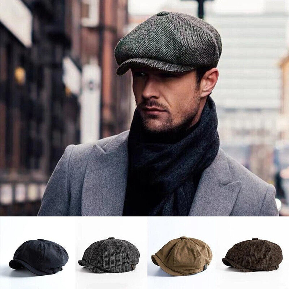 Newsboy Hat Flat Cap Driver Herringbone Tweed Plain Wool Baker Boy Classic Golf