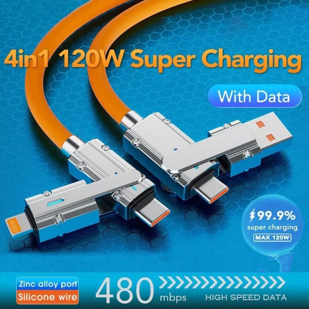 4-In-1 120W Super Fast Charging Cable Charger Data Cord Usb-C for Iphone Android
