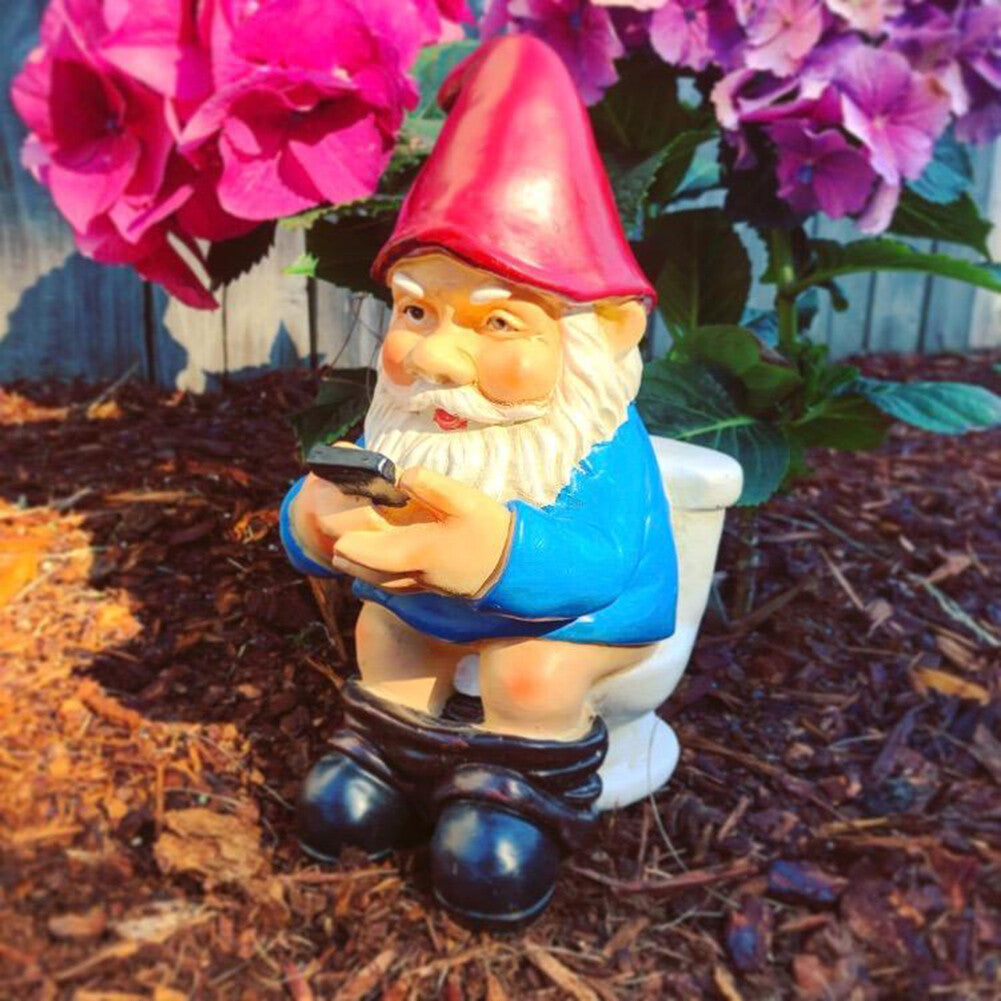 3D Dwarf Toilet Play Phone Statue Garden Gnome Resin Doll Figurines Crafts USA