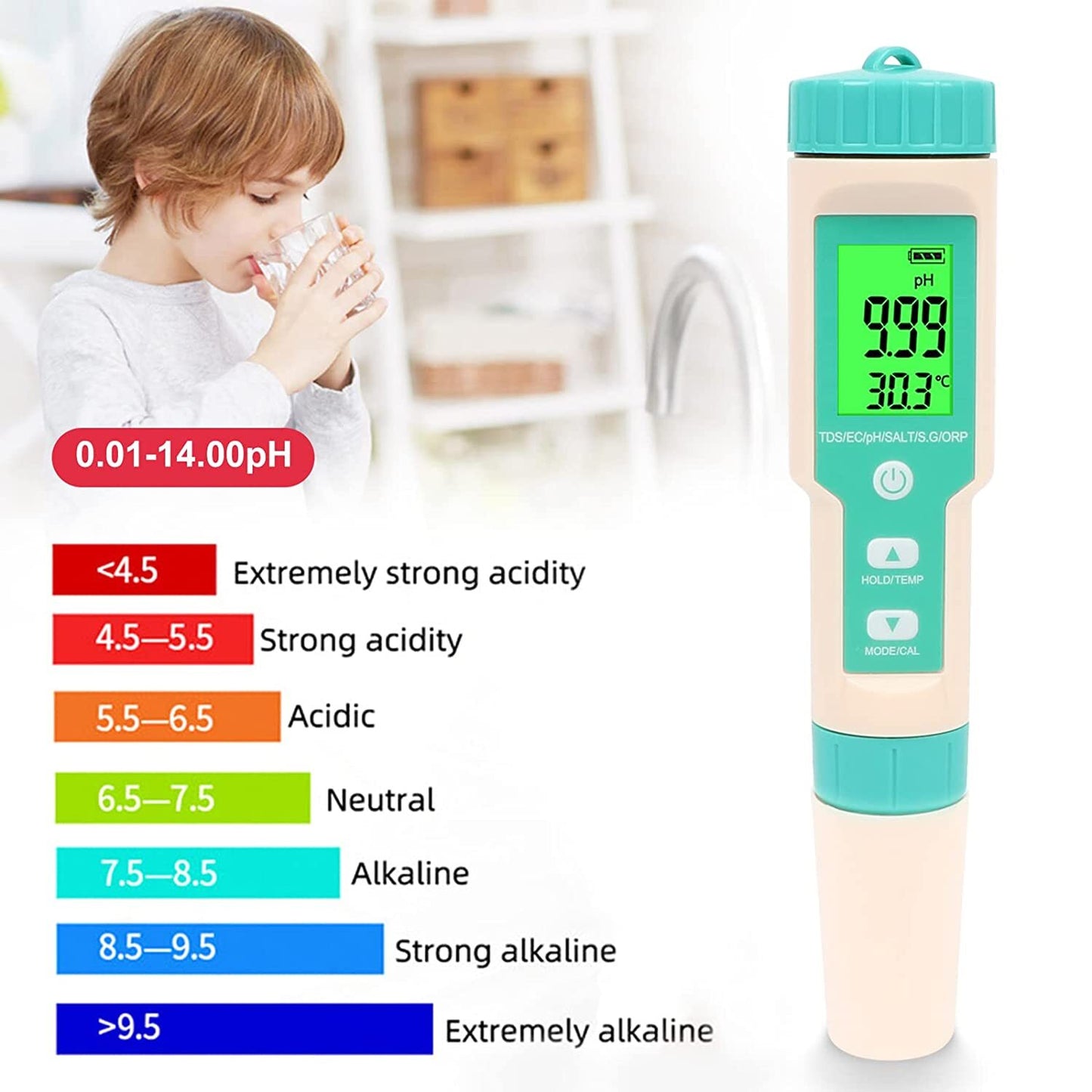 Water Quality Tester Meter Pen 7 in 1 Digital LCD PH/TDS/EC/ORP/