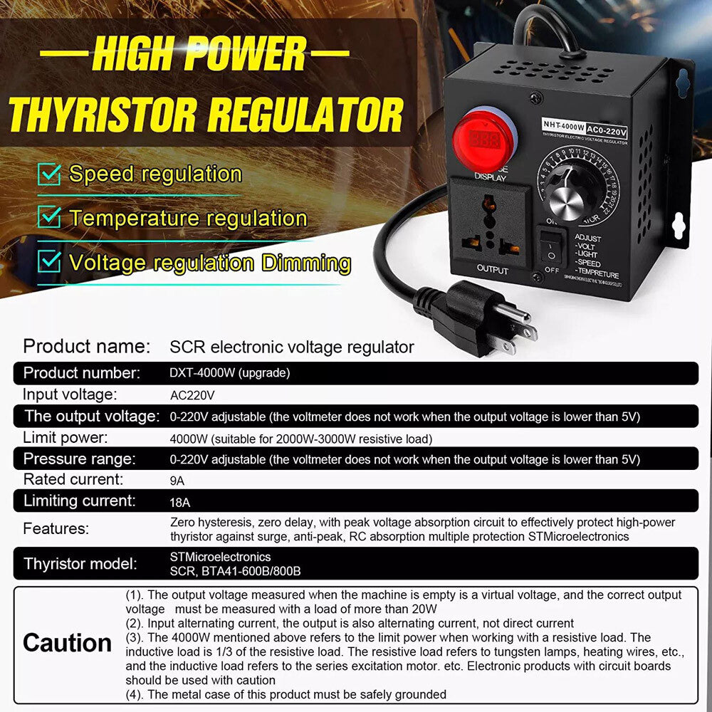 AC 120V~220V 4000W SCR Motor Speed Controller Volt Regulator Thermostat Dimmer