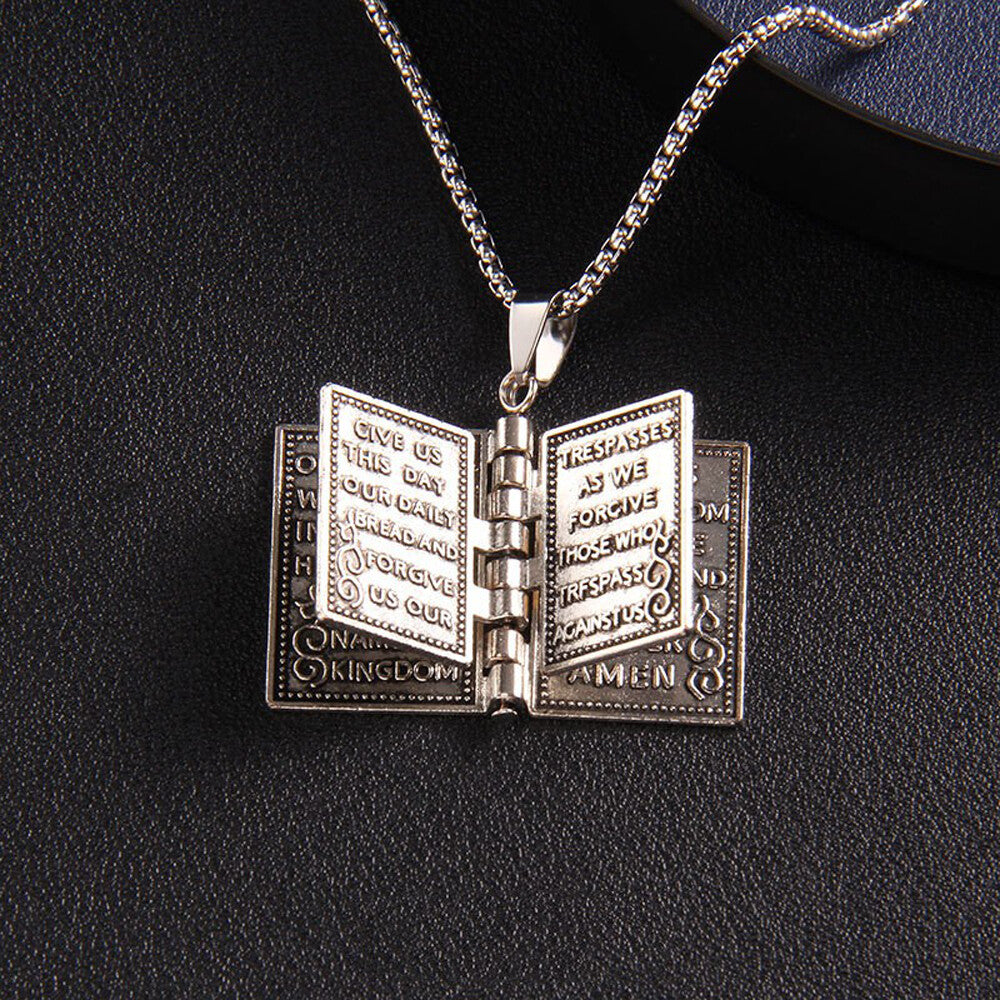 Bible Book Pendant Necklace Vintage Silver Cross Unique Jewelry for Men Women US
