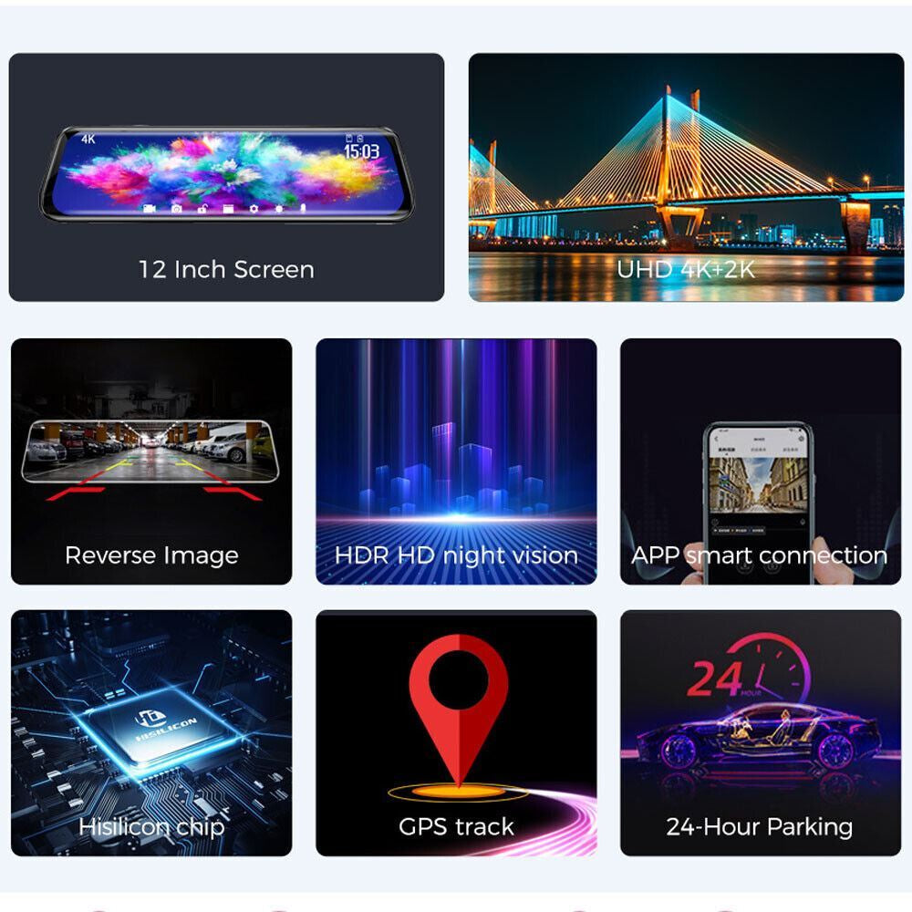 4K 12" Dash Cam Mirror GPS Wifi Voice Control Car Rear View Backup Dual Camera