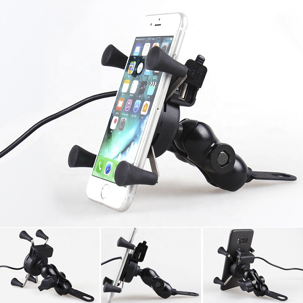 Motorcycle Motorbike Phone GPS Mirror Bracket Holder Mounts W/ USB Charger Port