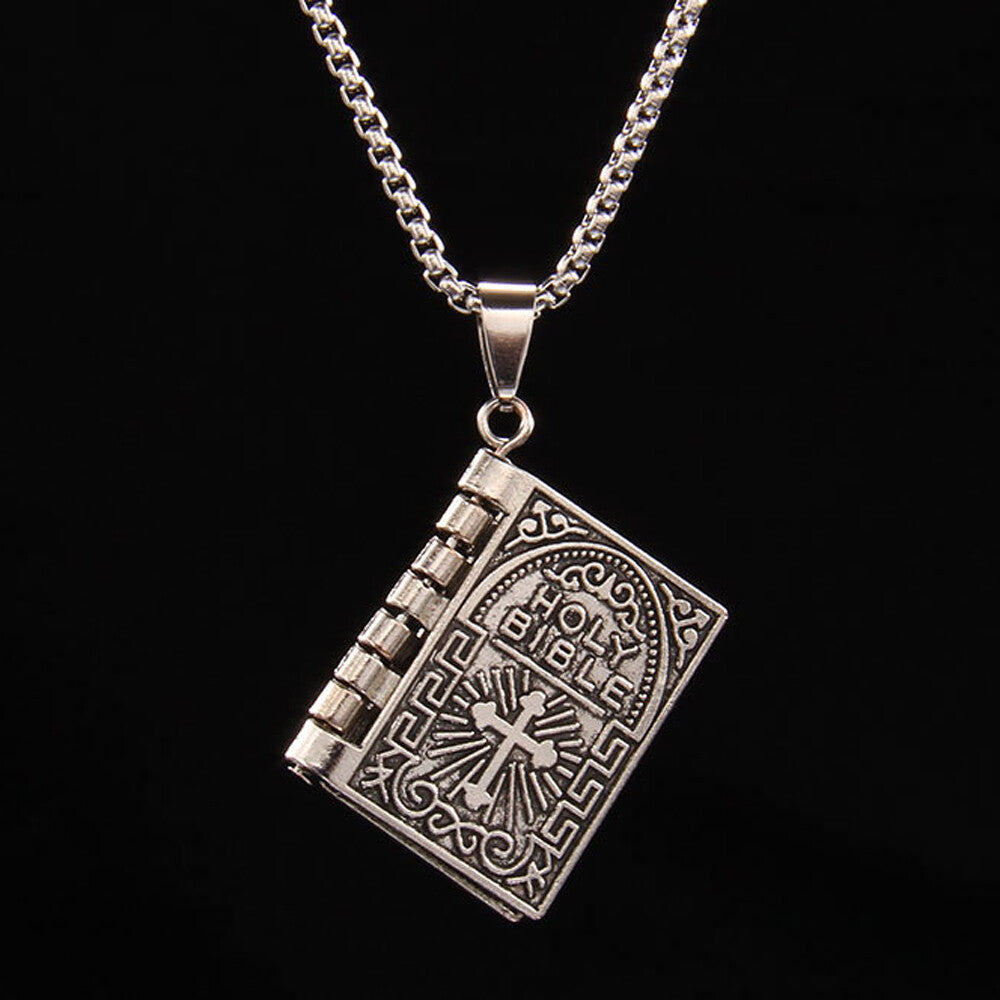 Bible Book Pendant Necklace Vintage Silver Cross Unique Jewelry for Men Women US