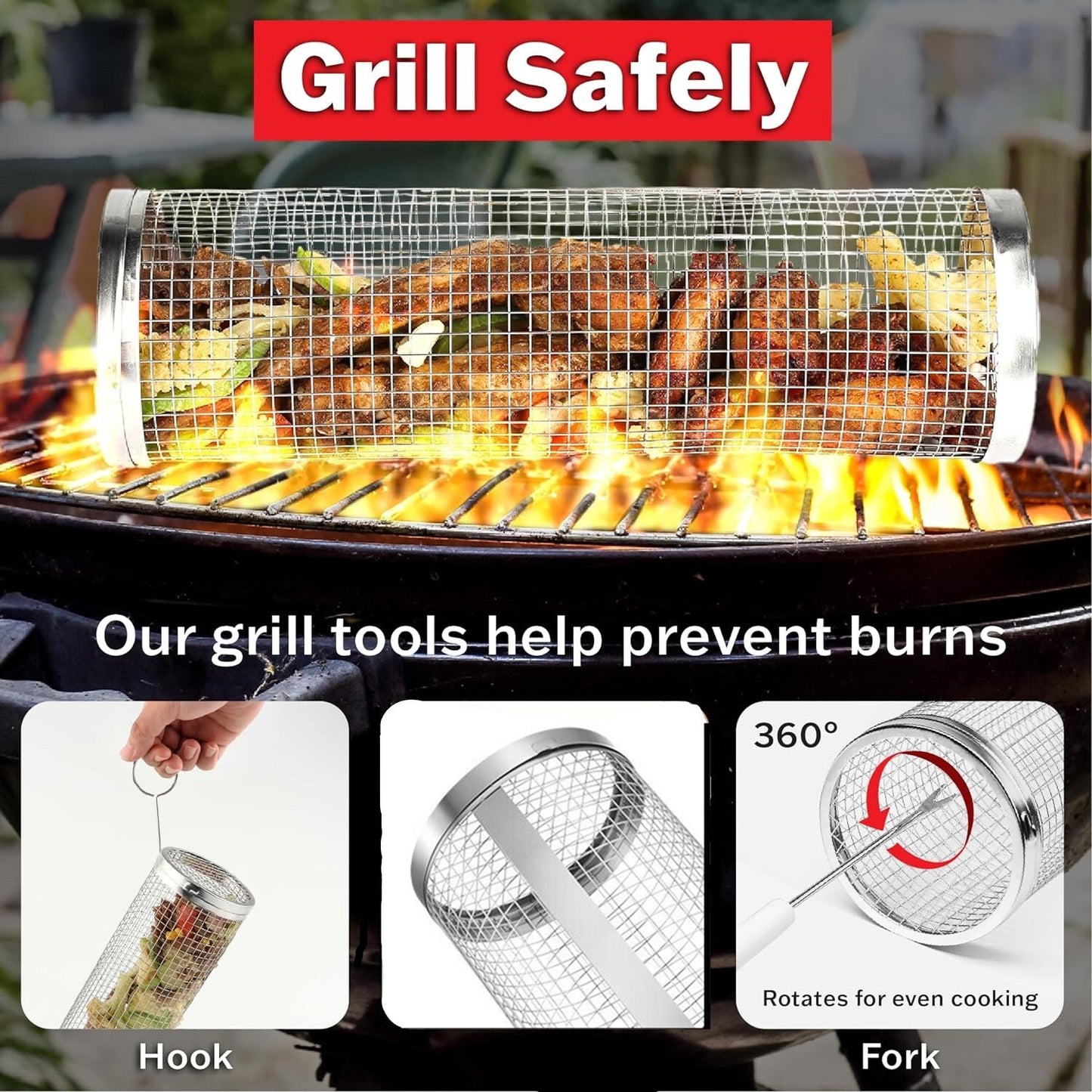 2 Pack Rolling Grilling Basket Stainless Steel for BBQ Grill Outdoor Tools US