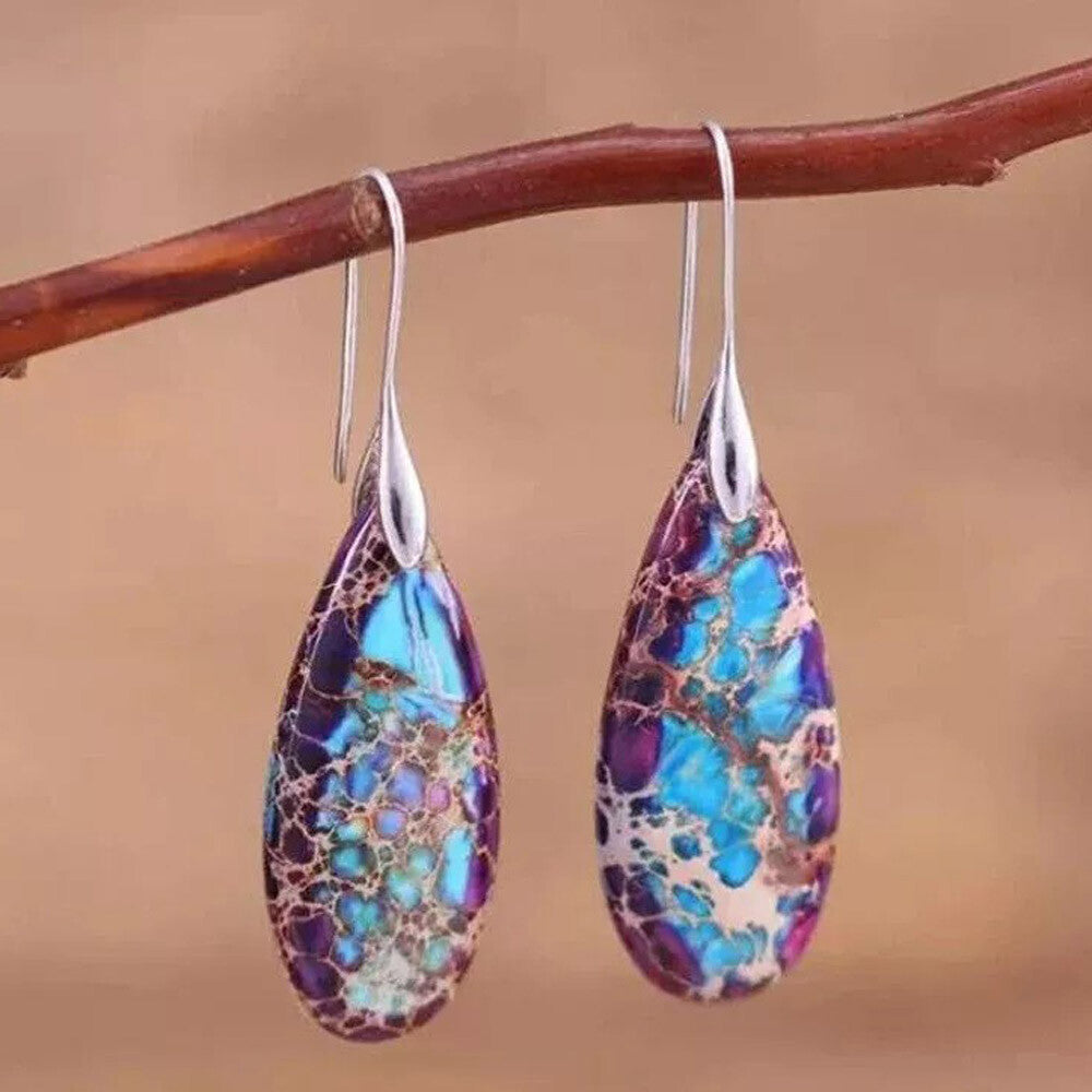 Jasper Stone Teardrop Dangle Earrings Natural Imperial Silver Blue Hook Drop US
