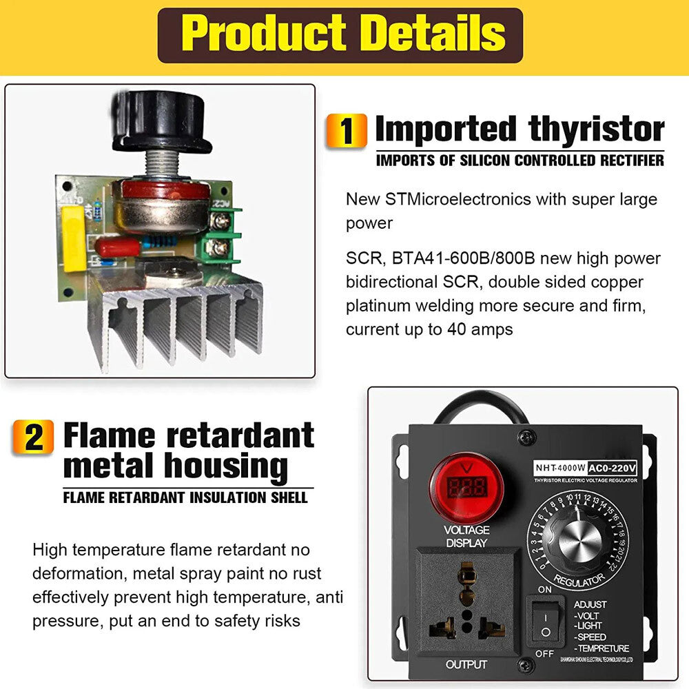 AC 120V~220V 4000W SCR Motor Speed Controller Volt Regulator Thermostat Dimmer