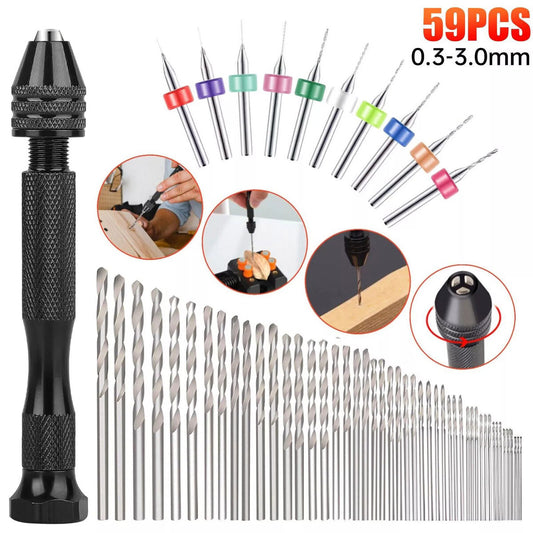 59 PCS Twist Drill Bits Set Mini Micro Hand Rotary Precision Pin Vise Tools Kit