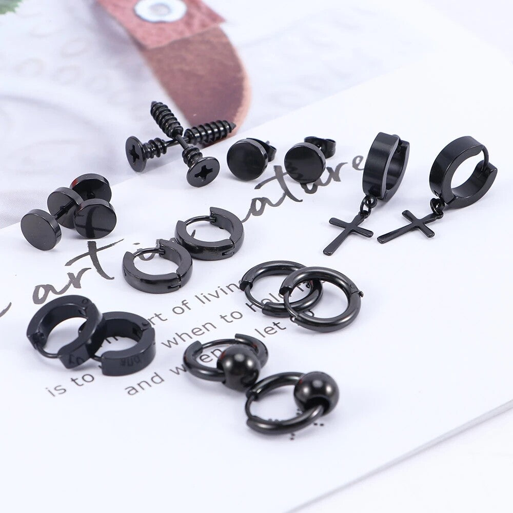 8 Pairs Stainless Steel Punk Black Earrings Stud Piercing Men Hoop Gothic Unisex