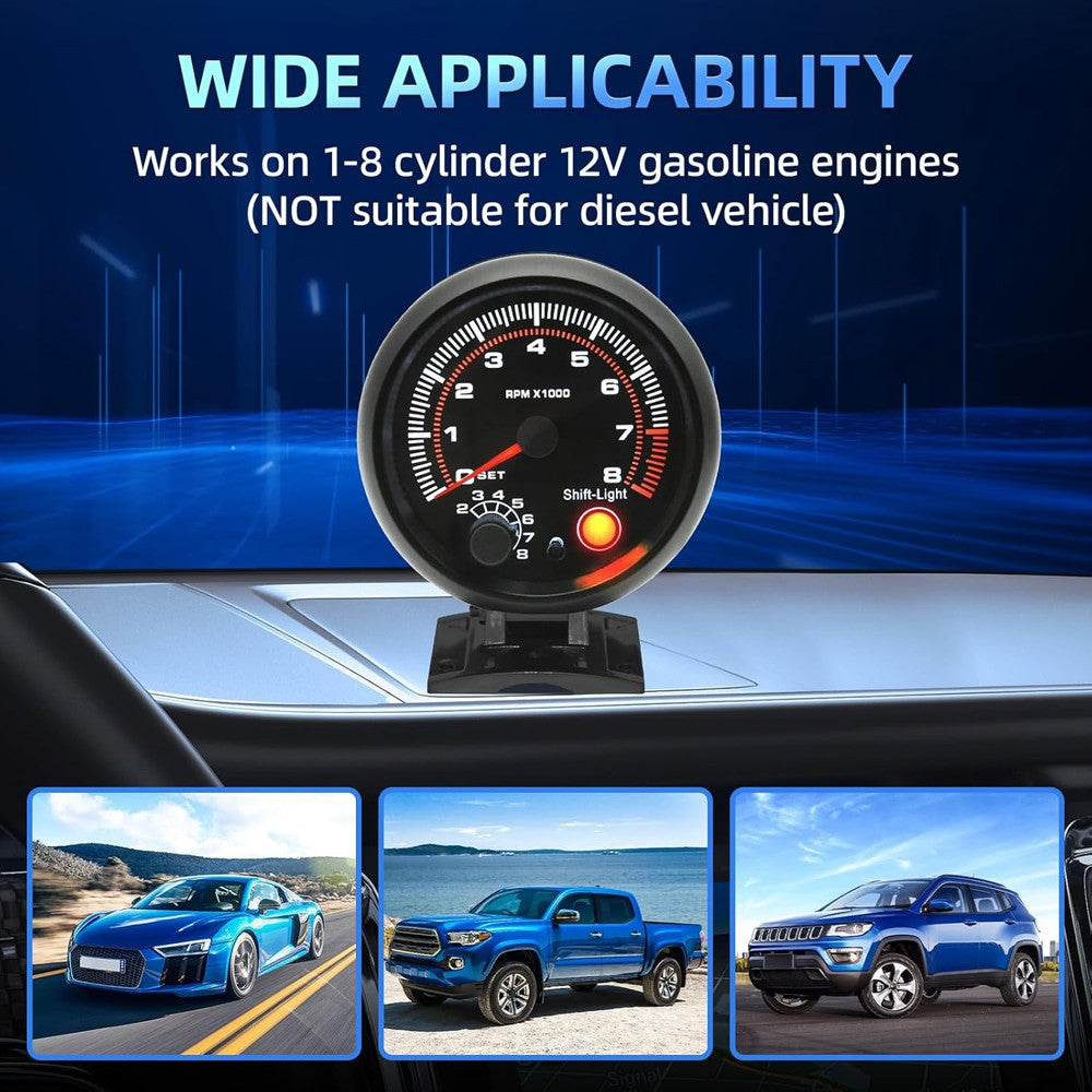 12V 3.75" Universal Car Tachometer Gauge Meter with LED Shift Light 0-8000RPM