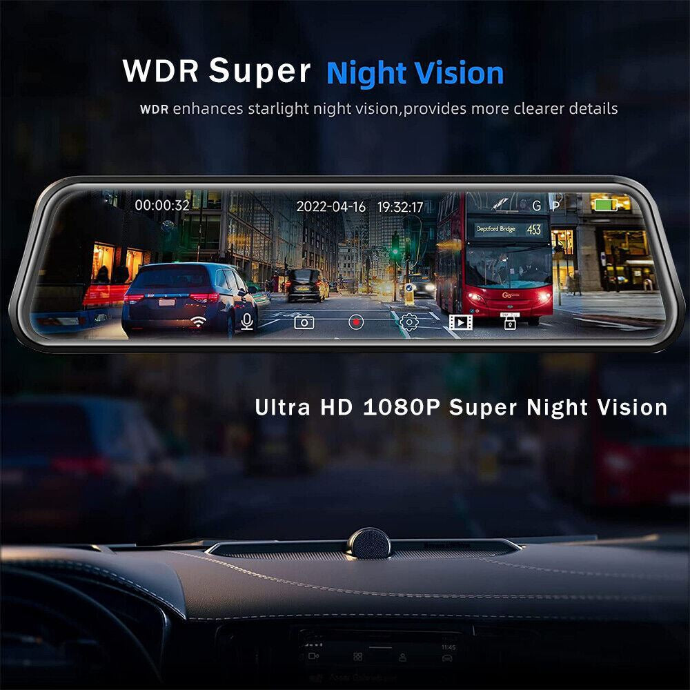 4K 12" Dash Cam Mirror GPS Wifi Voice Control Car Rear View Backup Dual Camera