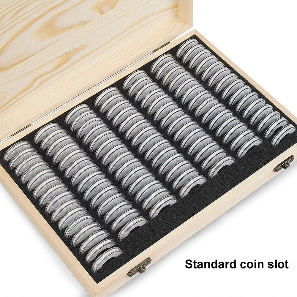 100PCS Coin Capsules with Foam Gasket Holder Case Wooden Storage Case Collection