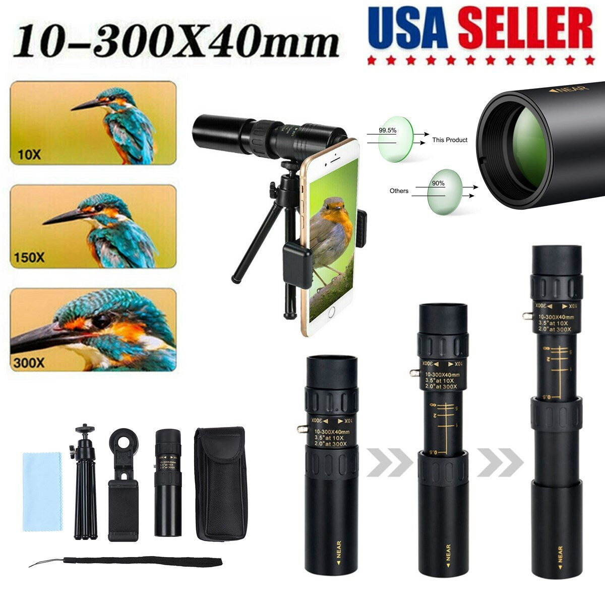 Day/Night Military Telescope 10-300X40Mm Zoom HD Monocular Mobile Telescope US