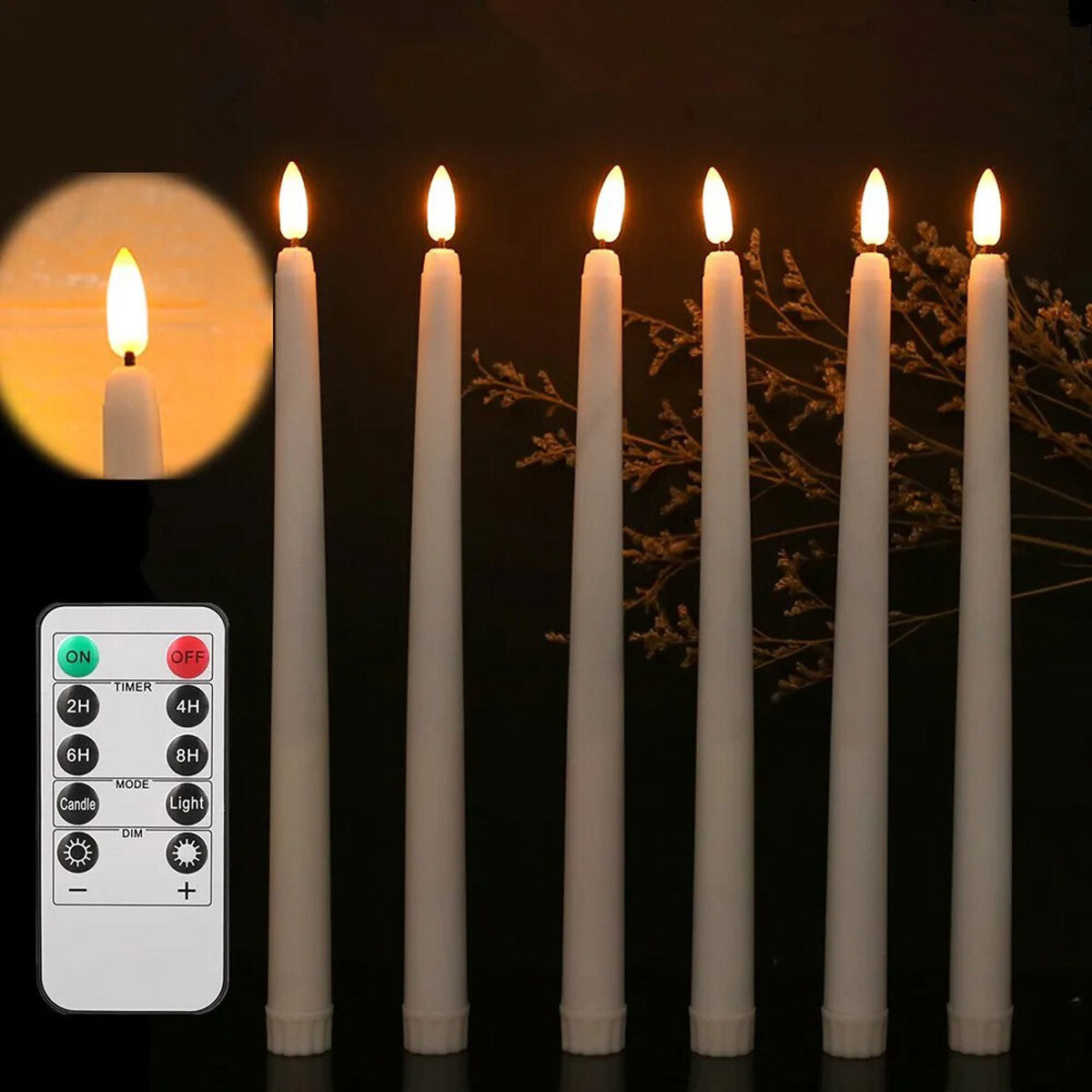 6 Set Rod Candles LED Night Light Decor Candles Flickering Timer Remote Control