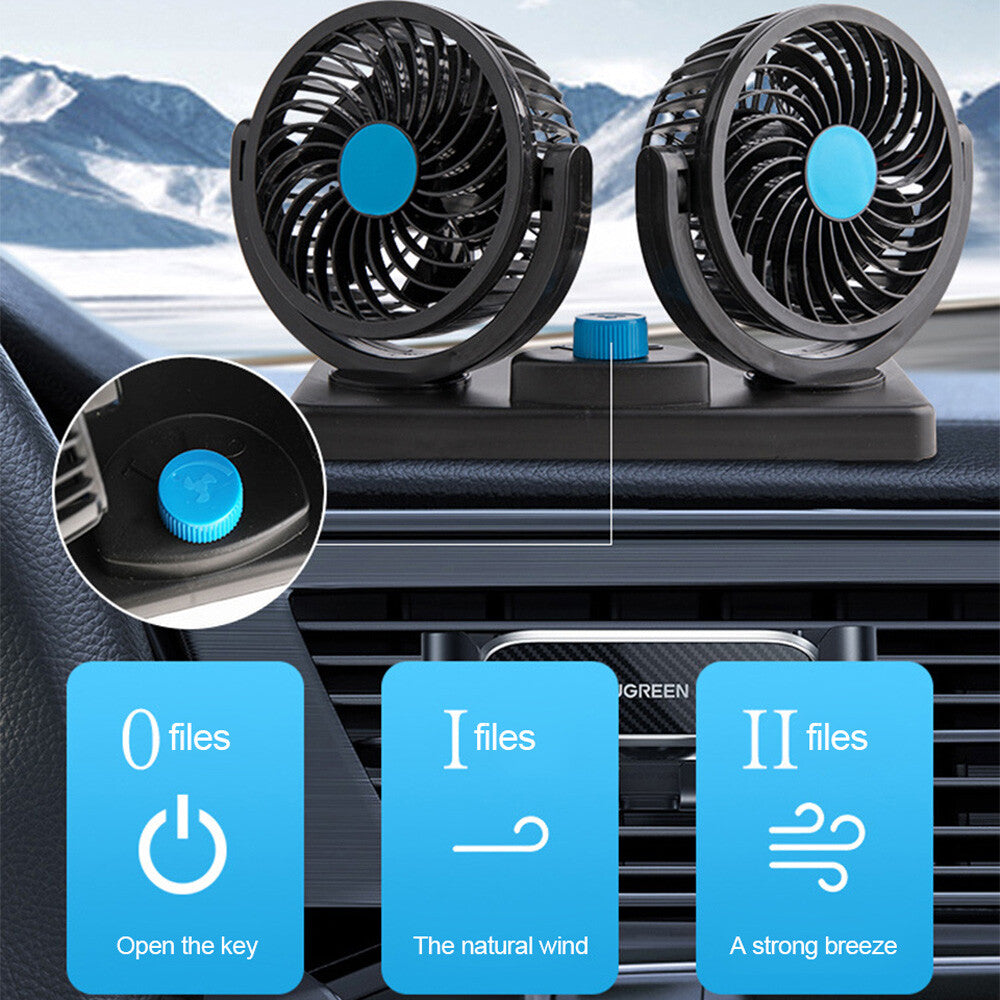 12V Dual Head Car Fan Portable Vehicle Truck 360° Rotatable Auto Cooling Cooler
