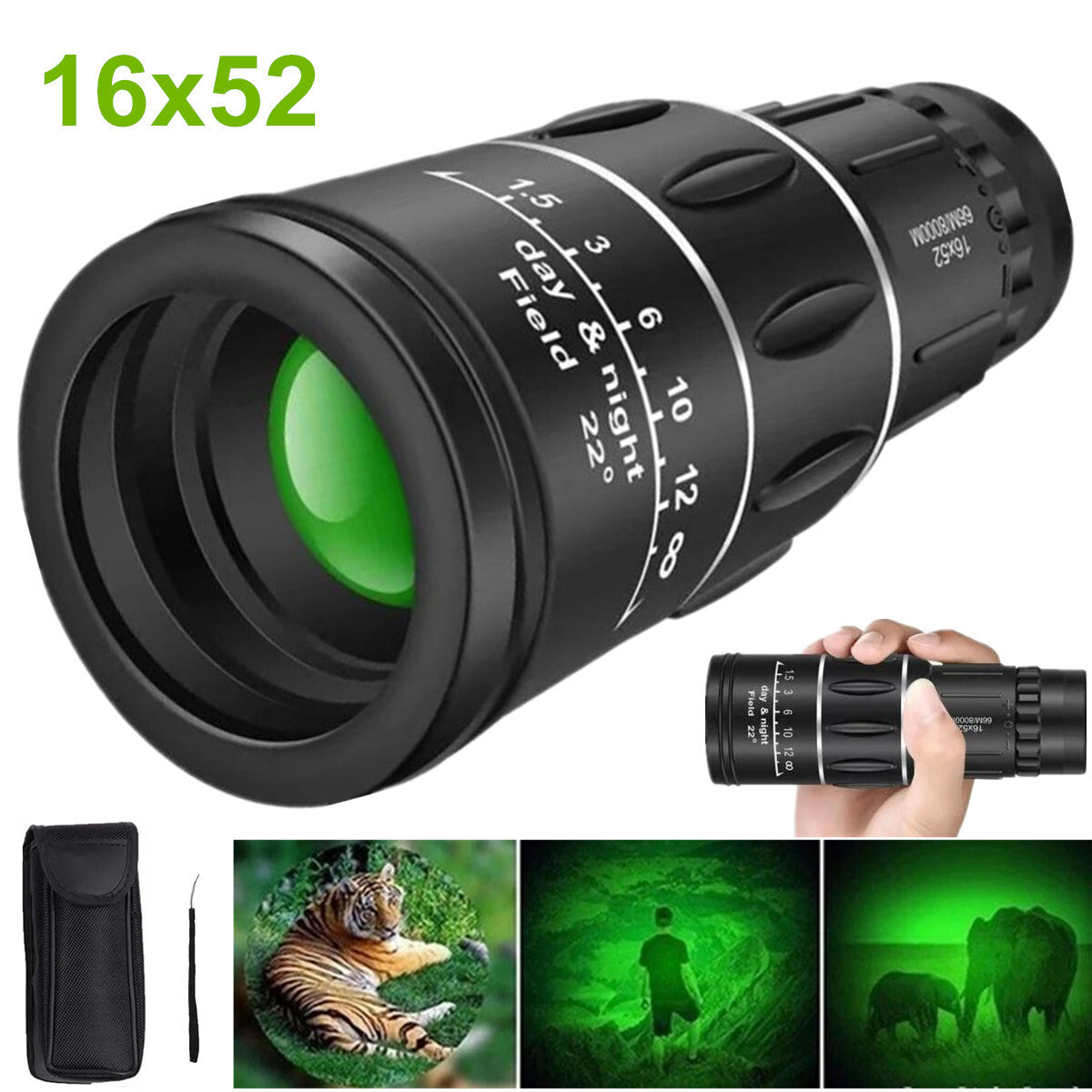 16X52 Dual Focus Monocular Zoom Rubber Armored Telescope for Hunting / Camping