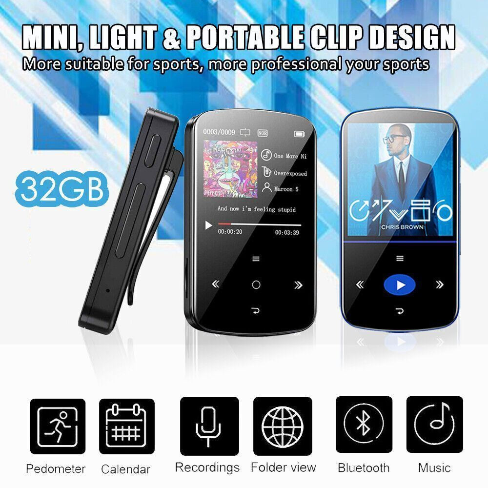 MP3 Player 32GB Hifi Lossless Sound Bluetooth Clip Music Voice Recorder FM Radio
